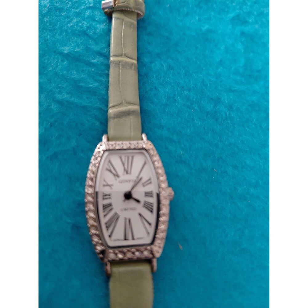 New Small Olive Green Faux Leather Strap With Rhinestone Geneva Shaped Watch...